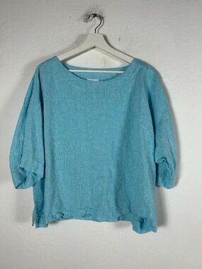 J.Jill Womens Pure Jill Linen Blue 3/4 Sleeve Top Petite Medium Lightweight